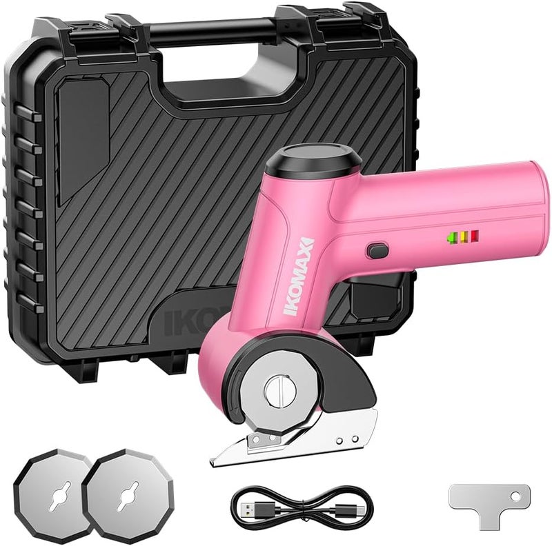 komax Cordless Electric Scissors,4V Cardboard Cutter with 3 Blades,Rechargeable 2000mAh Battery,Storage Box,Fabric Scissors Electric Box Cutter for Cardboard,Leather,Carpet,Fabric,Plastic - Pink - Image 1